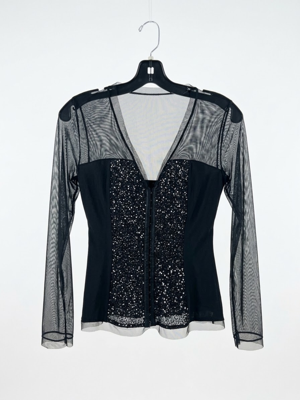 Stunning Black Mesh & Sequin Long-Sleeve Party Blouse